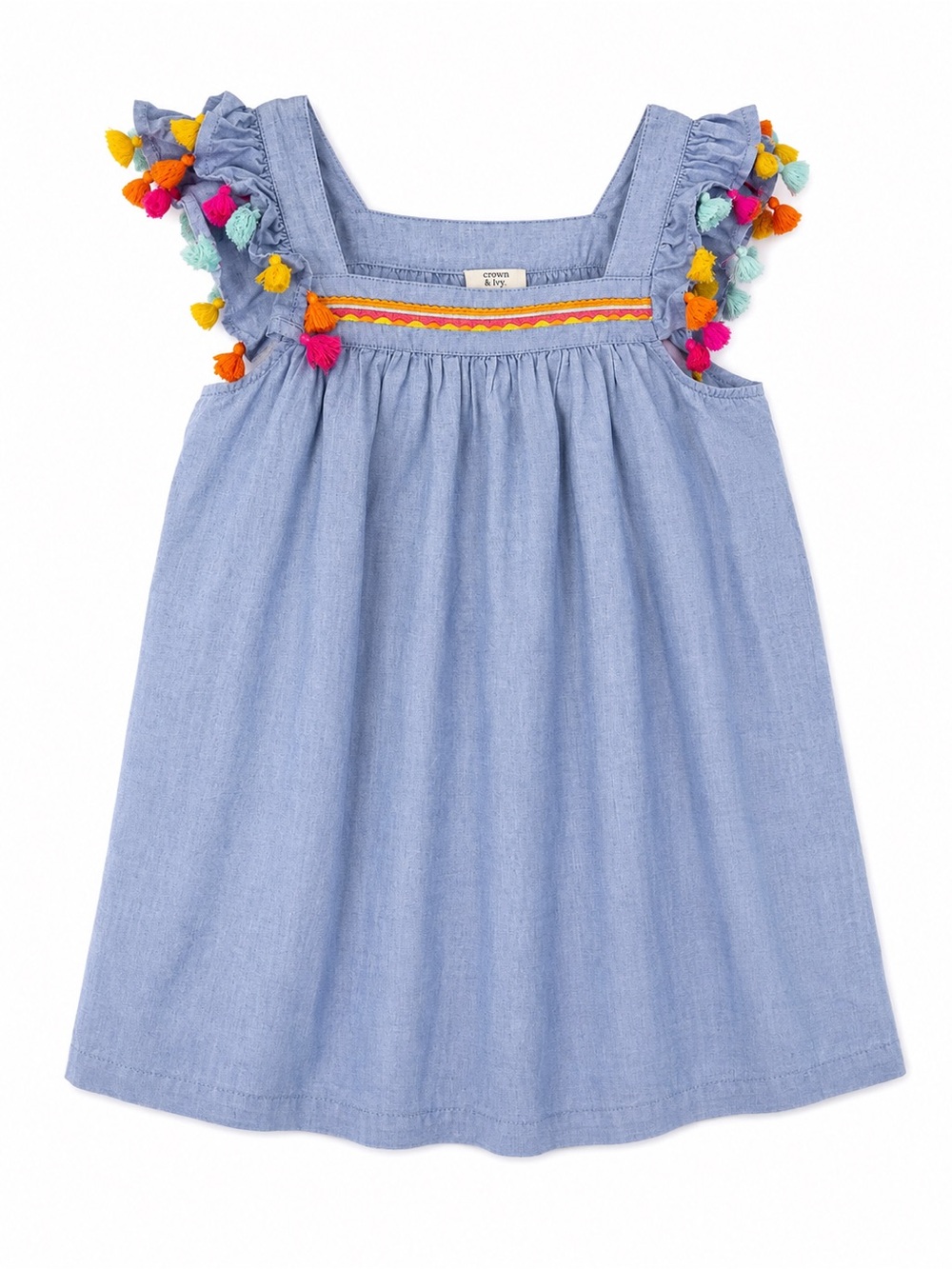 Crown & Ivy Kids Chambray Dress XL Tassel Pom Pom Ruffle Sleeveless Blue
